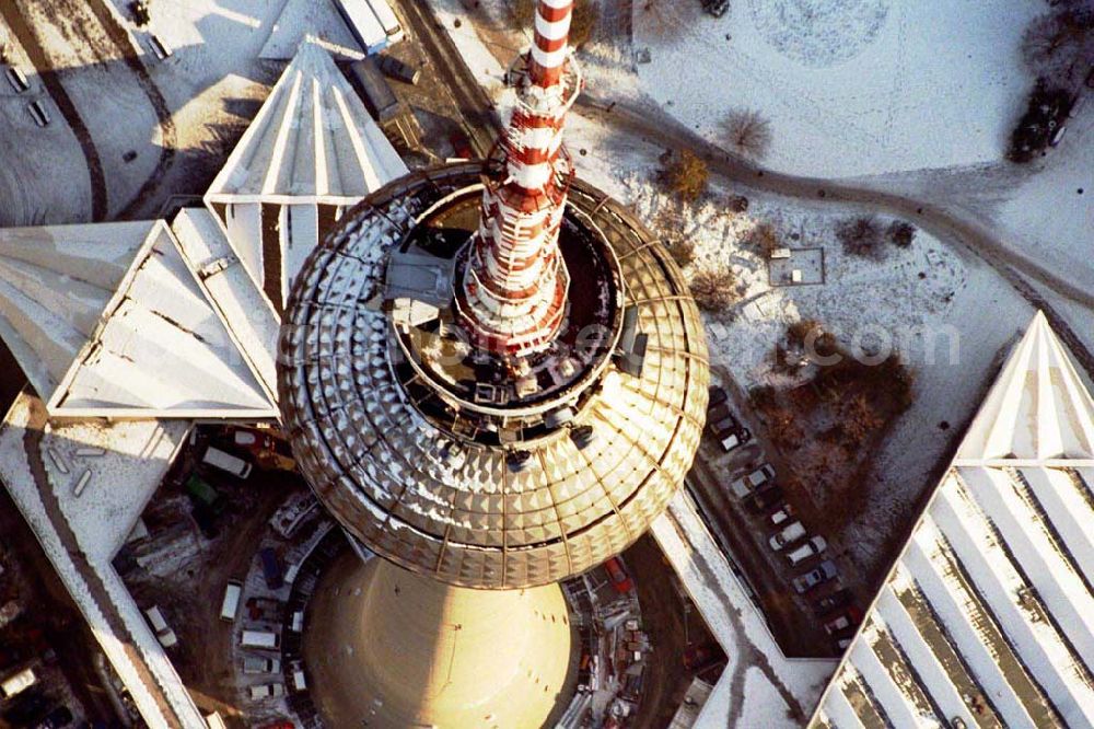 Aerial image Berlin - Berliner Fernsehturm am Alex im Winter.