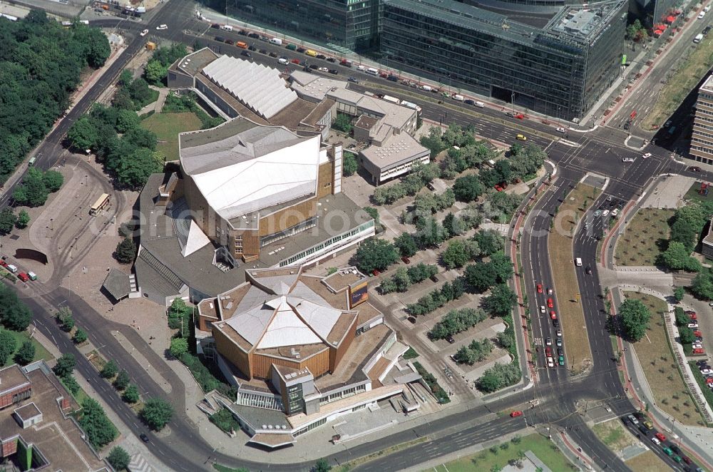 Berlin from above - The Berliner Philharmonie and the Kammermusiksaal at the Kemper Platz in Berlin-Tiergarten. The architectural ensemble, which was built in the early 1960 years after the design of architect Hans Sharun, belongs to the Berlin cultural forum