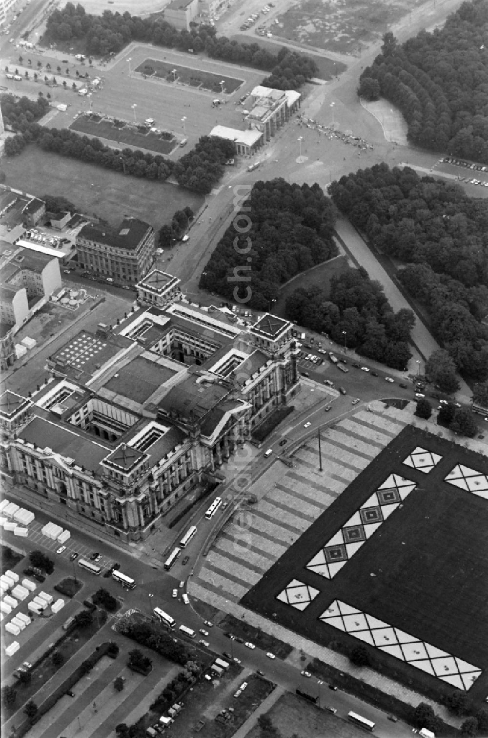 Berlin from the bird's eye view: German Parliamnet Reichstag on the Platz der Republik Square in the Mitte part of Berlin