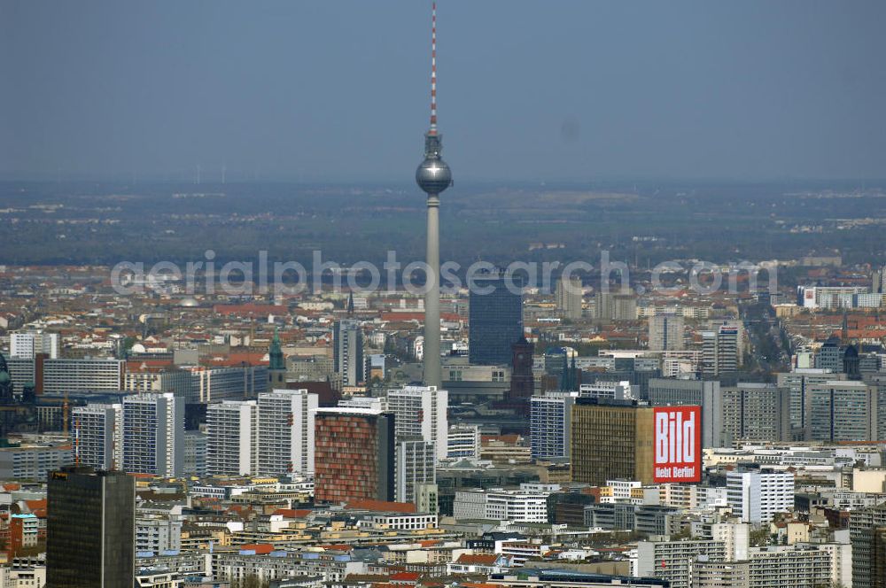 Berlin from above - Blick auf das Berliner Stadtzentrum am Berliner Fernsehturm mit dem Hotelhochhaus park inn am Alexanderplatz, dem Wohngebiet an der Leipziger Strasse mit dem Axel-Springer-Verlag.