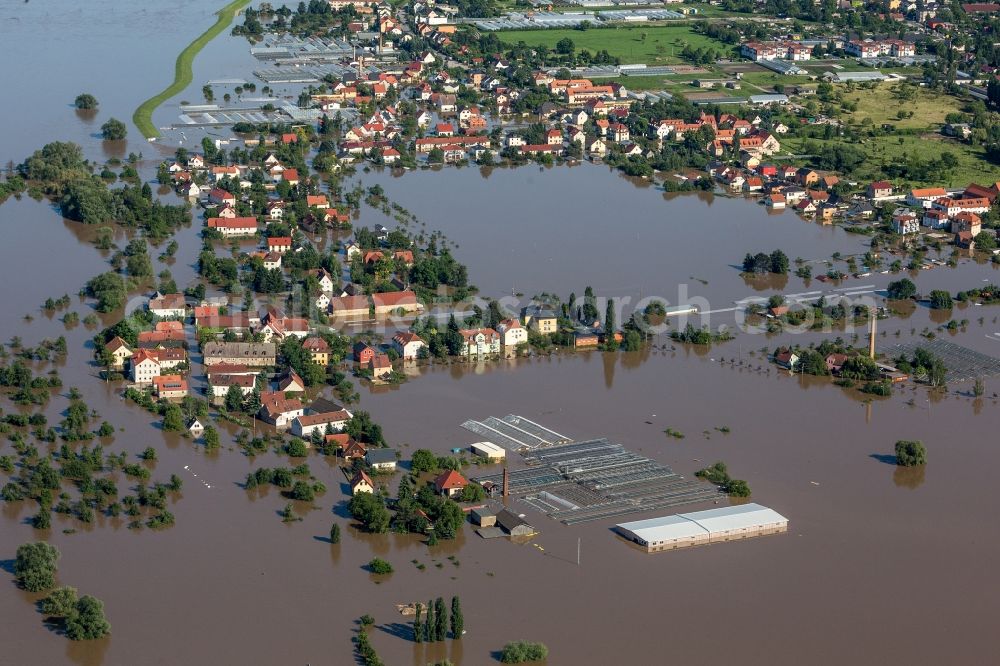 Radebeul from above - Flooding due to high water on the Elbe river at the towns of Gohlis and Radebeul in the state of Saxony. View on green houses, recreation areas, and small city parts. Taken from the Elbe north shore