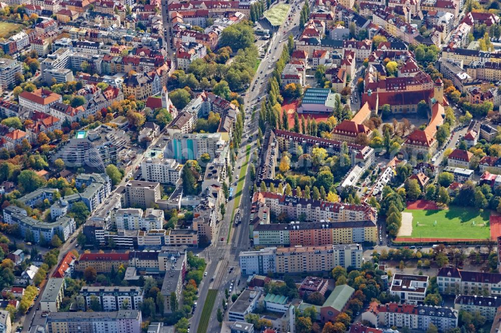 München from above - District Schwabing around Leopoldstrasse in the city in Munich in the state Bavaria, Germany