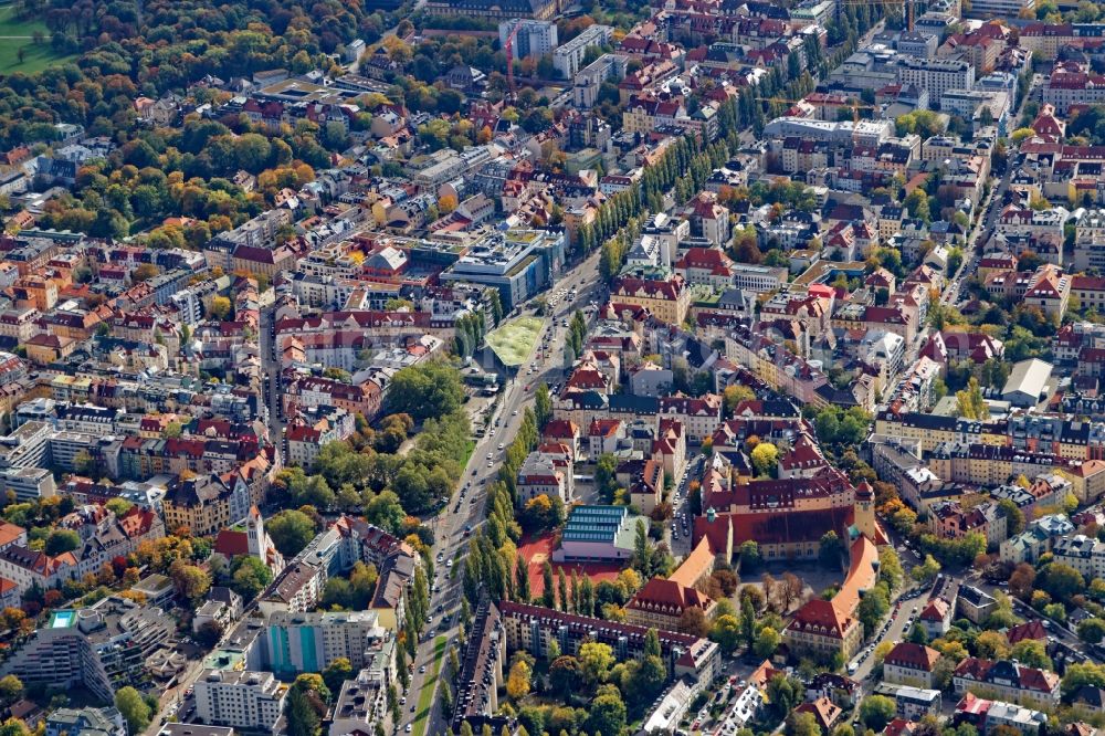 München from the bird's eye view: District Schwabing around Leopoldstrasse in the city in Munich in the state Bavaria, Germany