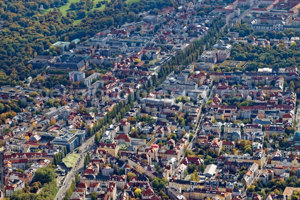 Aerial image München - District Schwabing around Leopoldstrasse in the city in Munich in the state Bavaria, Germany