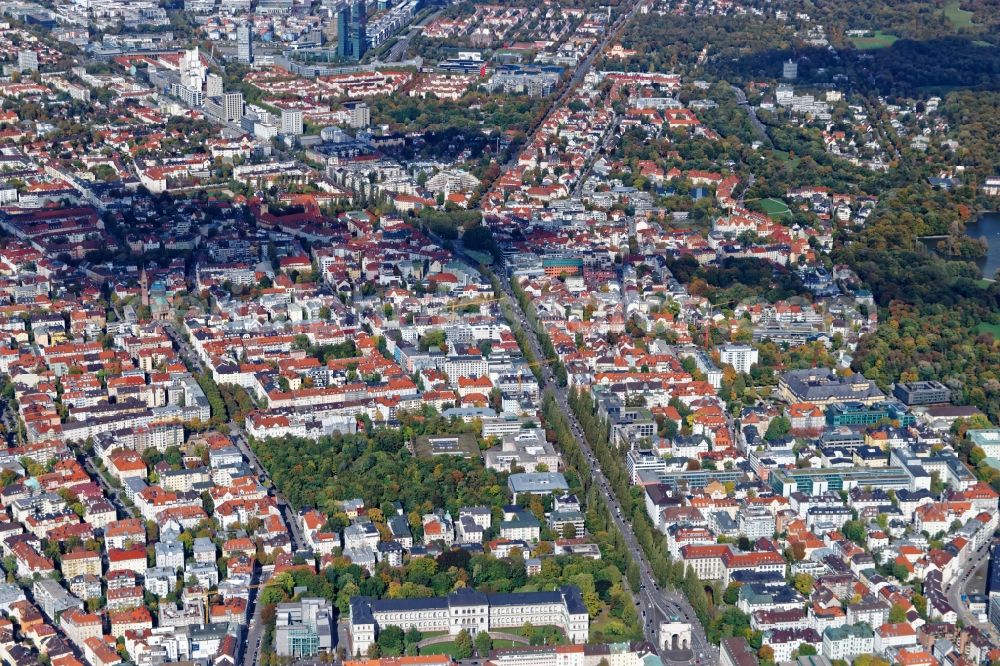 München from above - District Schwabing around Leopoldstrasse in the city in Munich in the state Bavaria, Germany