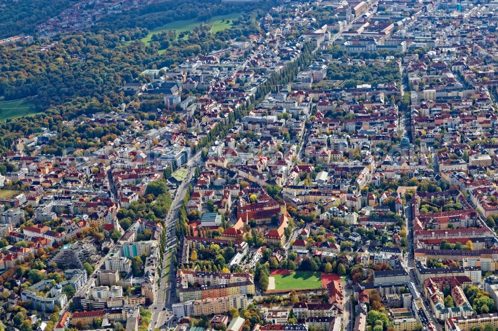 München from above - District Schwabing around Leopoldstrasse in the city in Munich in the state Bavaria, Germany