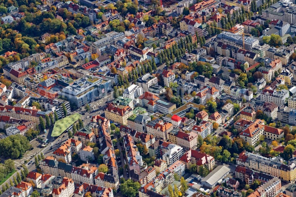 München from the bird's eye view: District Schwabing around Leopoldstrasse in the city in Munich in the state Bavaria, Germany