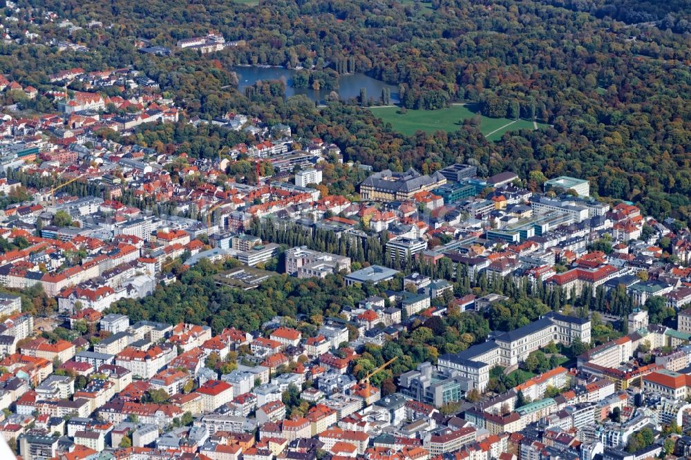 München from above - District Schwabing around Leopoldstrasse in the city in Munich in the state Bavaria, Germany