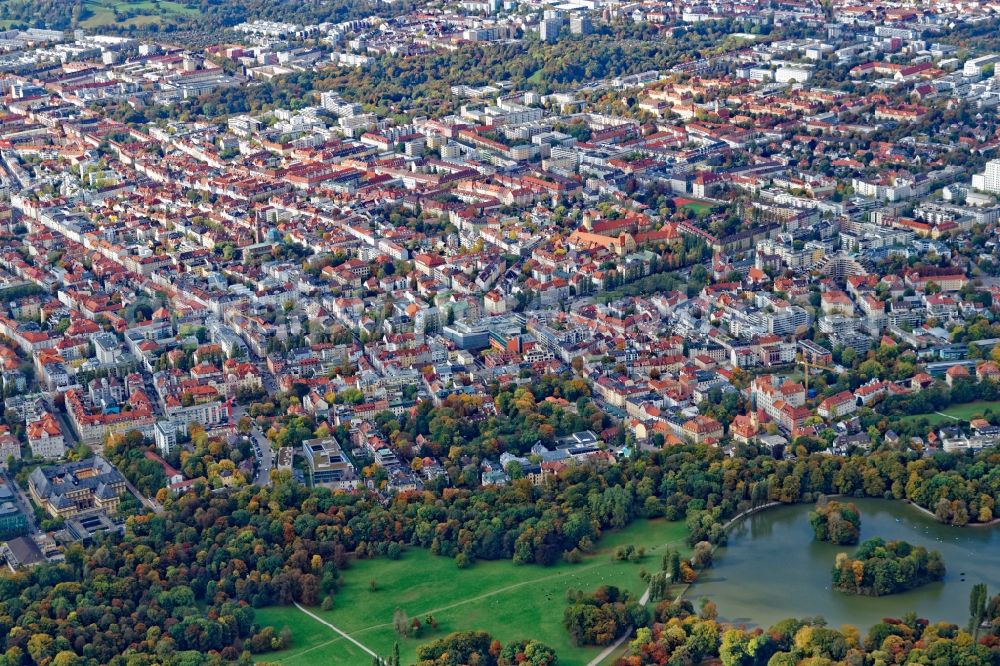 München from the bird's eye view: District Schwabing in the city in Munich in the state Bavaria, Germany