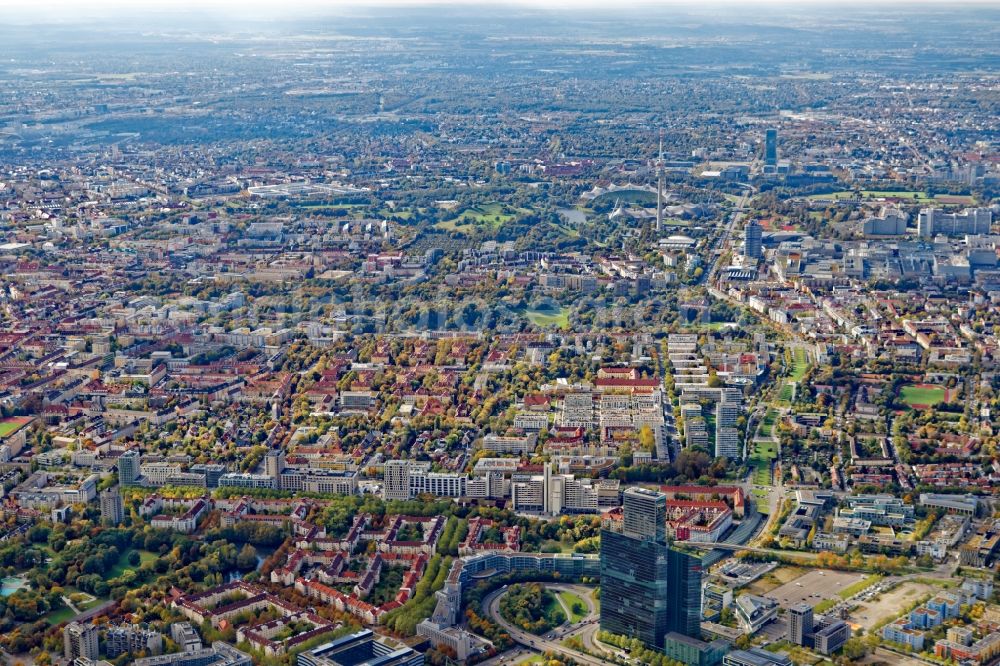 München from above - District Schwabing in the city in Munich in the state Bavaria, Germany