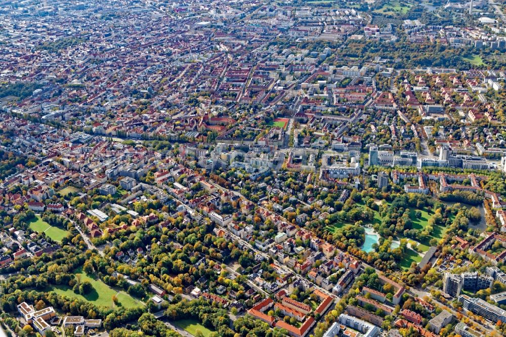 München from above - District Schwabing in the city in Munich in the state Bavaria, Germany