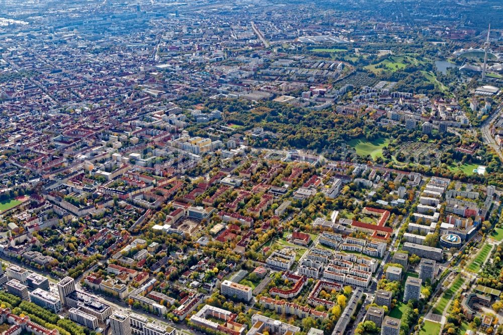 München from the bird's eye view: District Schwabing in the city in Munich in the state Bavaria, Germany