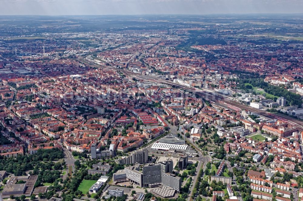 Nürnberg from above - Overview of the city center with the Old Town area of Nuremberg in the state of Bavaria. View from the Bundesagentur for work in the district Ludwigfsfeld to the west along the Frankenschnellweg