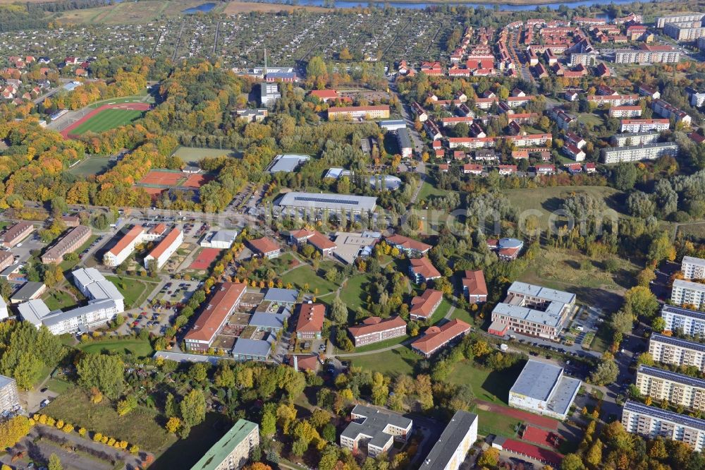 Greifswald from above - View at the BBW Berufsbildungswerk in Greifswald in the federal state Mecklenburg-Vorpommern. The BBW Greifswald is a specialized facility for vocational preparation and training of young people with disabilities. It is operated by the BerufsBildungsWerk Greifswald gGmbH