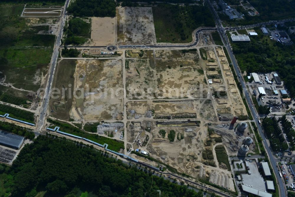 Berlin Falkenberg Hohenschönhausen from above - View Cleared site on the ruins of the digesters and clarifiers of Falkenberg treatment plant in the district Hohenschonhausen - Marzahn in Berlin. The area is a developing area with commercial and industrial development to the CleanTech Business Park Berlin - Marzahn be expanded