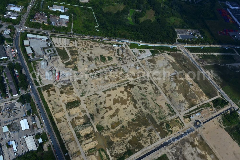 Berlin Falkenberg Hohenschönhausen from above - View Cleared site on the ruins of the digesters and clarifiers of Falkenberg treatment plant in the district Hohenschonhausen - Marzahn in Berlin. The area is a developing area with commercial and industrial development to the CleanTech Business Park Berlin - Marzahn be expanded