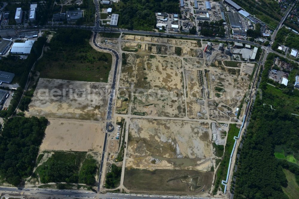 Aerial image Berlin Falkenberg Hohenschönhausen - View Cleared site on the ruins of the digesters and clarifiers of Falkenberg treatment plant in the district Hohenschonhausen - Marzahn in Berlin. The area is a developing area with commercial and industrial development to the CleanTech Business Park Berlin - Marzahn be expanded