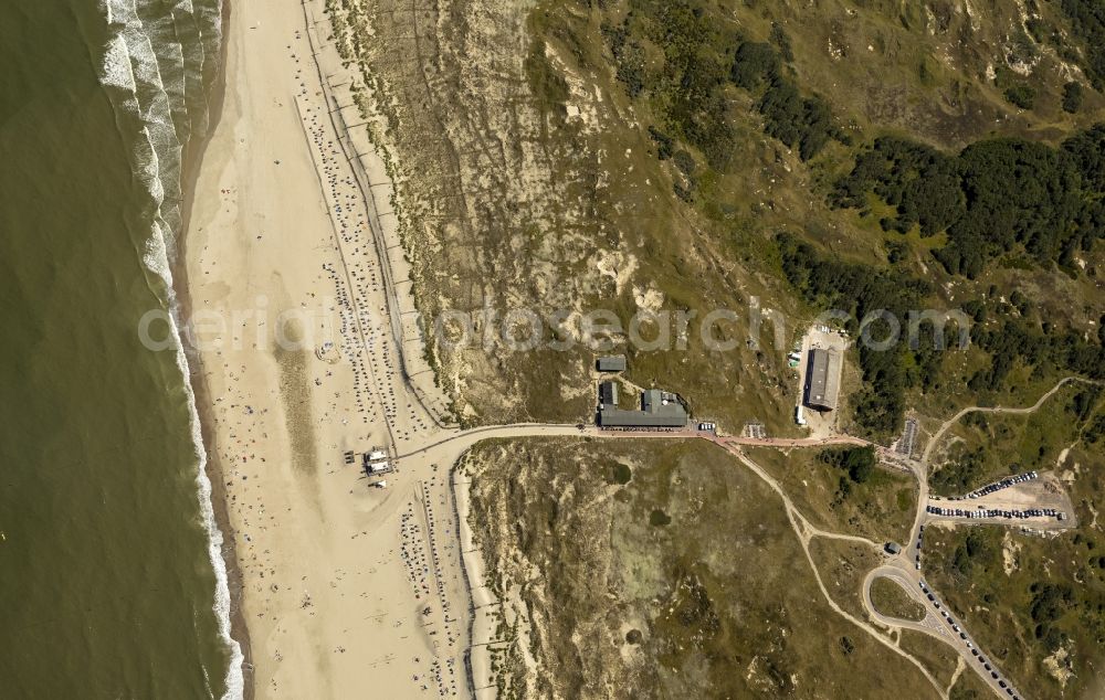 Aerial image Norderney - Visitors on the sandy beach of the island of Norderney in the North Sea in Lower Saxony