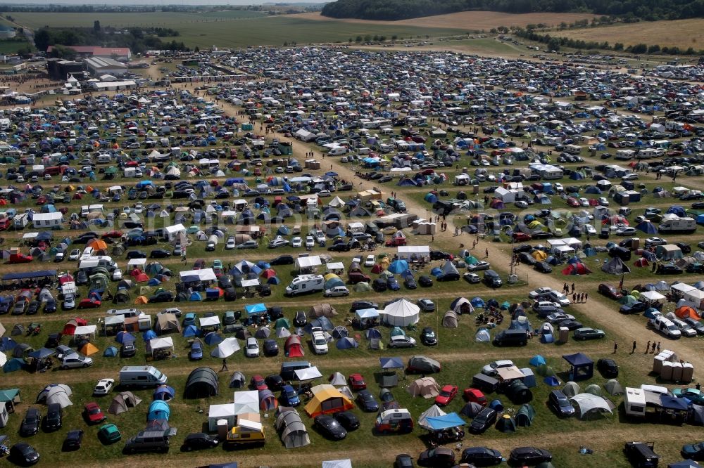 Aerial photograph Ballenstedt - Visitors crowd filled with tents on the grounds of the Rock Harz - Festival at the airfield Ballenstedt in Saxony-Anhalt