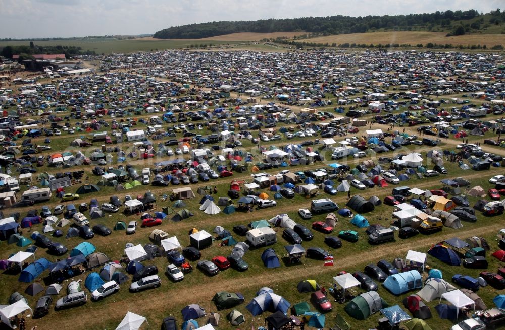 Ballenstedt from above - Visitors crowd filled with tents on the grounds of the Rock Harz - Festival at the airfield Ballenstedt in Saxony-Anhalt