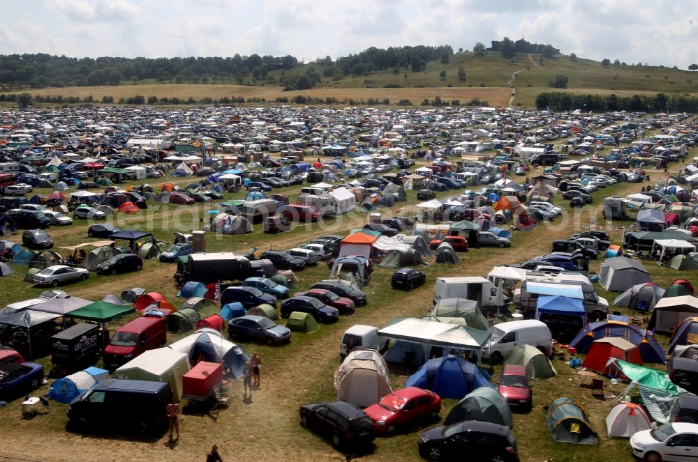 Aerial image Ballenstedt - Visitors crowd filled with tents on the grounds of the Rock Harz - Festival at the airfield Ballenstedt in Saxony-Anhalt