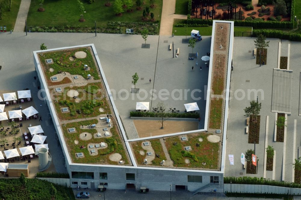 Berlin from above - Visitor's centre at the main entrance of the IGA 2017 in the district of Marzahn-Hellersdorf in Berlin. The heart of the International gerden exibition will be the Gaerten der Welt. The visitor's centre is being built near the main entrance on Blumberger Damm