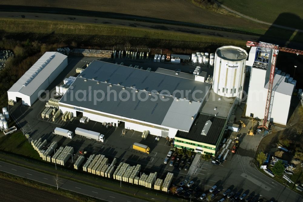 Rüdersdorf from the bird's eye view: Mixed concrete and building materials factory of Saint-Gobain Weber GmbH in Ruedersdorf in the state Brandenburg