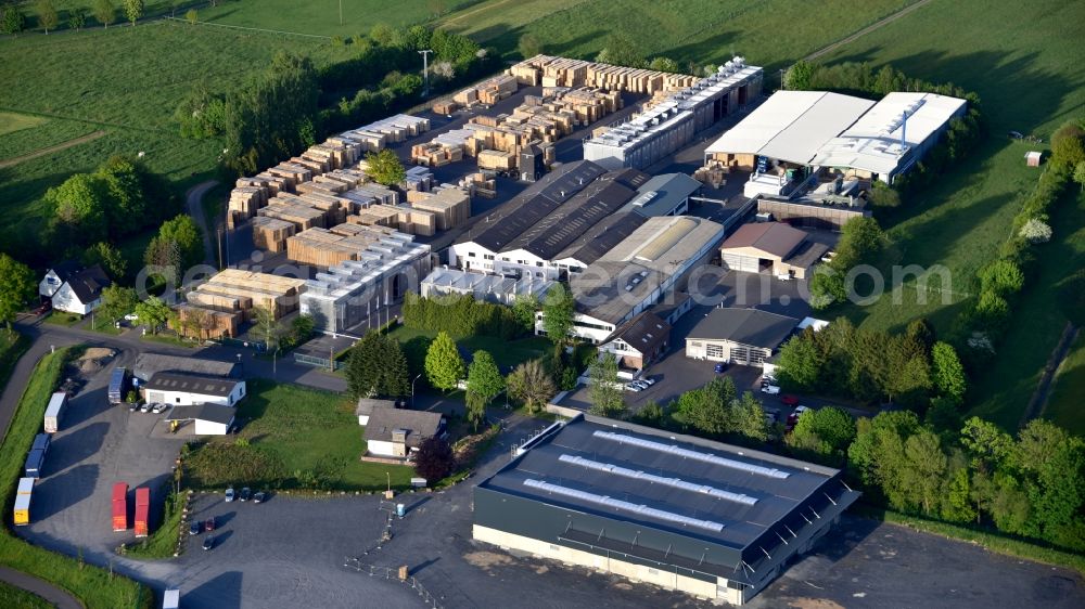 Berod bei Hachenburg from the bird's eye view: Company premises of the company Puderbach Holzhandel GmbH & Co. KG, Palettenwerk, in Berod bei Hachenburg in the state Rhineland-Palatinate, Germany