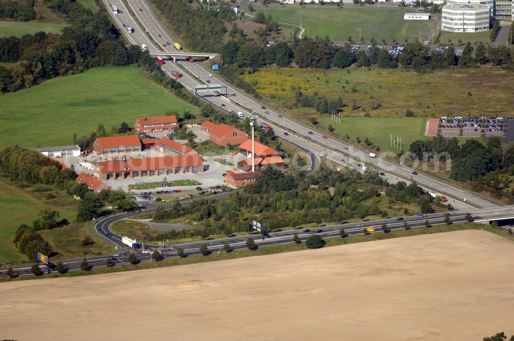 Rangsdorf from the bird's eye view: Site of the depot of the Autobahnmeisterei of Landesbetrieb Strassenwesen at the southern Berliner Ring motorway A10 in Rangsdorf in the state Brandenburg