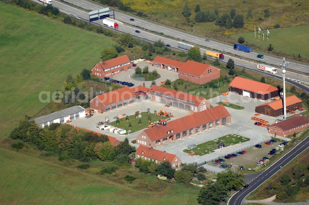 Rangsdorf from the bird's eye view: Site of the depot of the Autobahnmeisterei of Landesbetrieb Strassenwesen at the southern Berliner Ring motorway A10 in Rangsdorf in the state Brandenburg