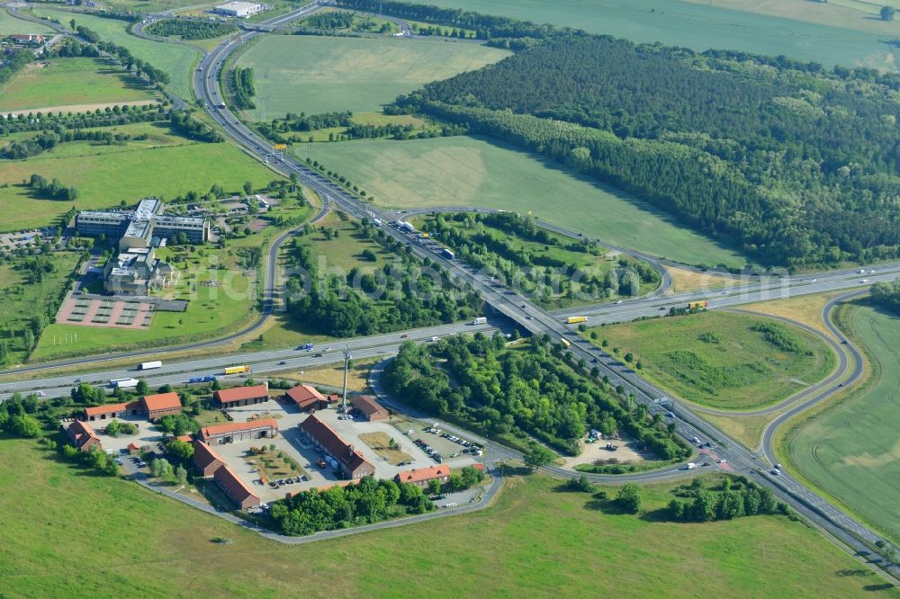 Aerial image Rangsdorf - Depot of the motorway maintenance Rangsdorf on the Berliner Ring motorway A10 - E30 in Rangsdorf in Brandenburg