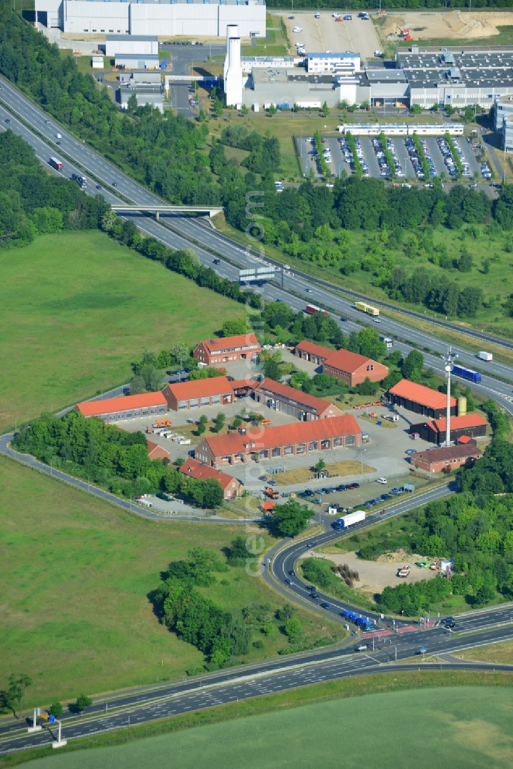 Aerial image Rangsdorf - Depot of the motorway maintenance Rangsdorf on the Berliner Ring motorway A10 - E30 in Rangsdorf in Brandenburg