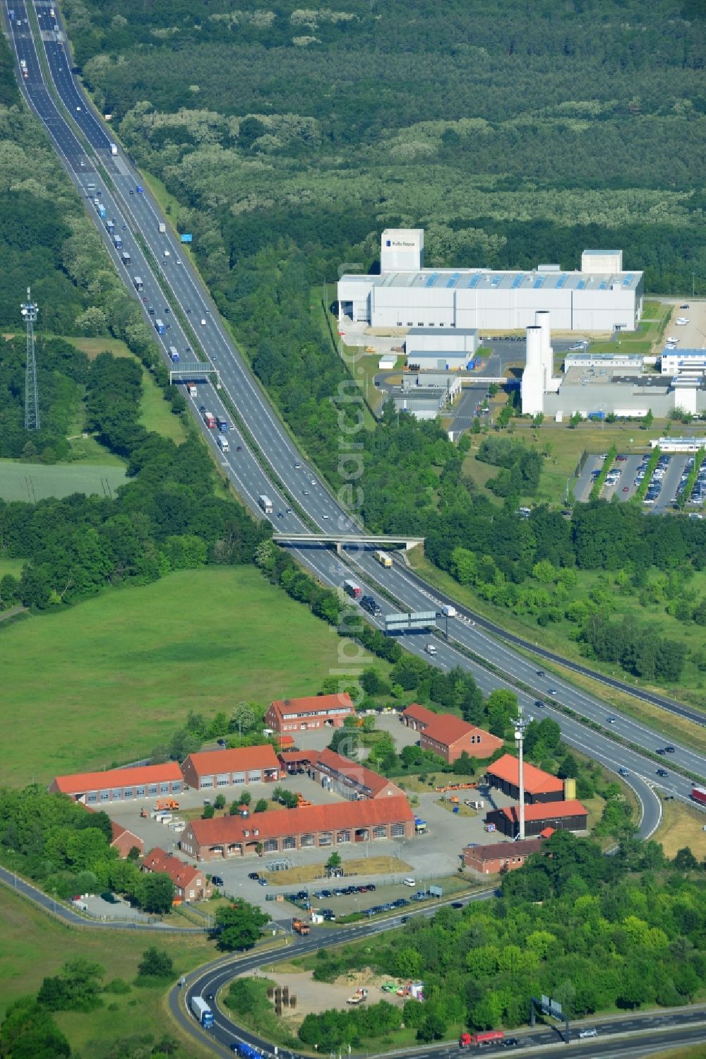 Rangsdorf from above - Depot of the motorway maintenance Rangsdorf on the Berliner Ring motorway A10 - E30 in Rangsdorf in Brandenburg