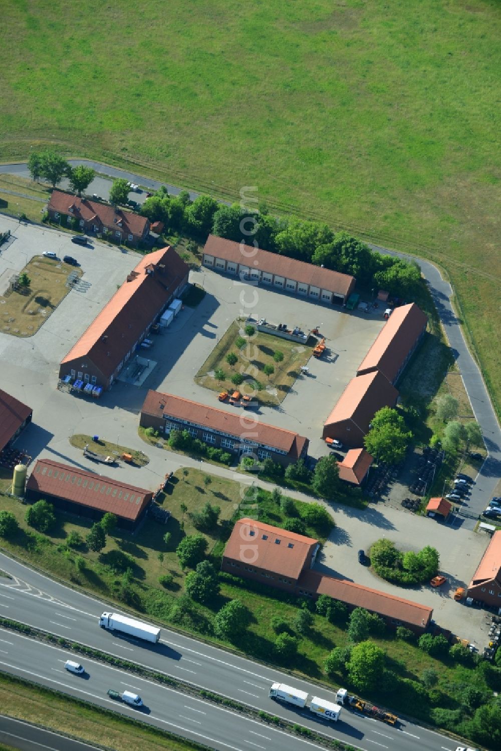 Rangsdorf from above - Depot of the motorway maintenance Rangsdorf on the Berliner Ring motorway A10 - E30 in Rangsdorf in Brandenburg