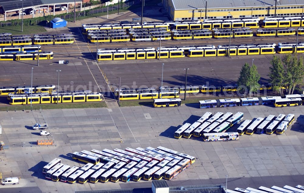 Aerial image Berlin - View of the BVG depot for buses and trams and at Siegfriedstrasse in Berlin - Lichtenberg. The premises are also used as a training center