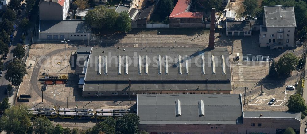 Berlin from above - Site of the BVG Depot Nalepastrasse for the stabling of discarded trams typ Tatra T6A2D in the Nalepastrasse in Berlin