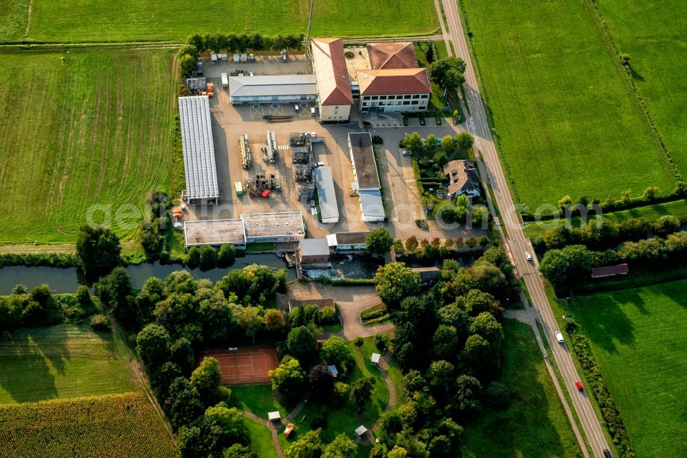 Rheinhausen from the bird's eye view: Site of the depot of the of Energieversorger Netze BW GmbH in Rheinhausen in the state Baden-Wurttemberg, Germany