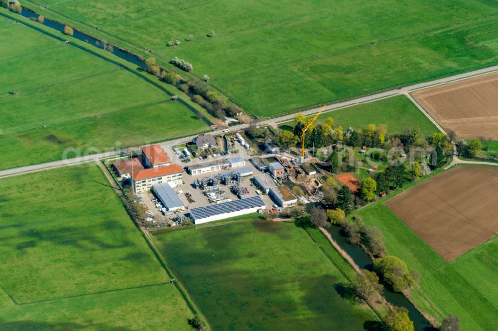 Rheinhausen from above - Site of the depot of the of Energieversorger Netze BW GmbH in Rheinhausen in the state Baden-Wurttemberg, Germany