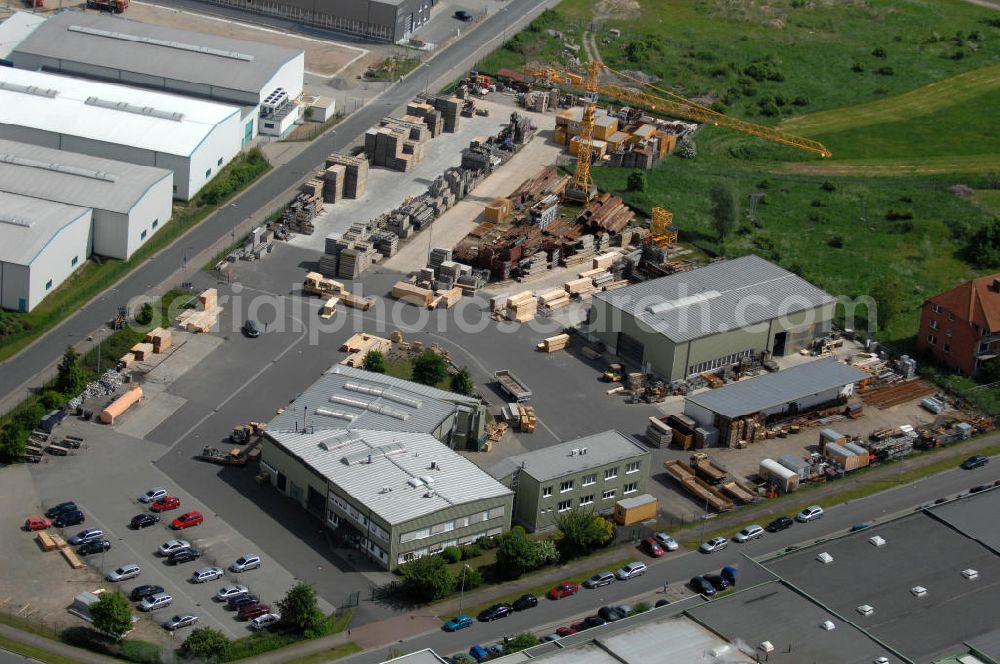 Oebisfelde from the bird's eye view: Blick auf den Betriebshof der EUROVIA Beton GmbH am Gewerbegebiet West 7 in 39646 Oebisfelde in Sachsen-Anhalt. Die EUROVIA Infrastructure GmbH ist ein führendes Unternehmen im Verkehrswegebau. View of the depot, the concrete EUROVIA Infrastructure GmbH on industrial West 7 in 39646 Oebisfelde in Saxony-Anhalt. The EUROVIA Infrastructure GmbH is a leading company in road construction.