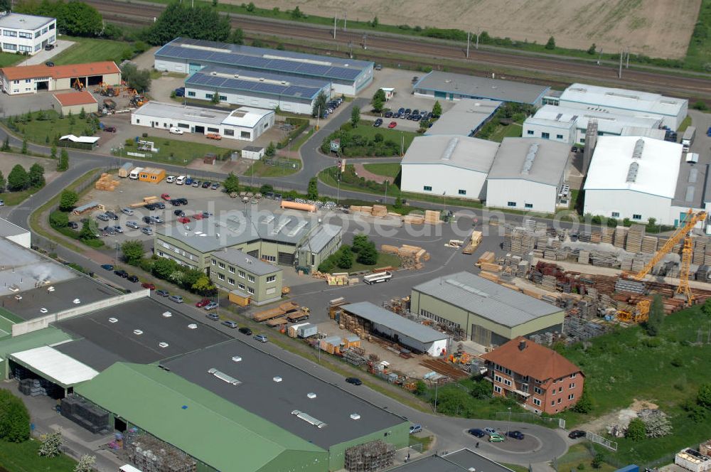 Oebisfelde from the bird's eye view: Blick auf den Betriebshof der EUROVIA Beton GmbH am Gewerbegebiet West 7 in 39646 Oebisfelde in Sachsen-Anhalt. Die EUROVIA Infrastructure GmbH ist ein führendes Unternehmen im Verkehrswegebau. View of the depot, the concrete EUROVIA Infrastructure GmbH on industrial West 7 in 39646 Oebisfelde in Saxony-Anhalt. The EUROVIA Infrastructure GmbH is a leading company in road construction.