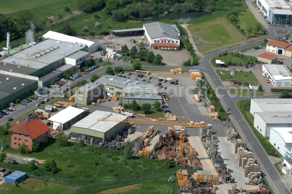 Oebisfelde from above - Blick auf den Betriebshof der EUROVIA Beton GmbH am Gewerbegebiet West 7 in 39646 Oebisfelde in Sachsen-Anhalt. Die EUROVIA Infrastructure GmbH ist ein führendes Unternehmen im Verkehrswegebau. View of the depot, the concrete EUROVIA Infrastructure GmbH on industrial West 7 in 39646 Oebisfelde in Saxony-Anhalt. The EUROVIA Infrastructure GmbH is a leading company in road construction.