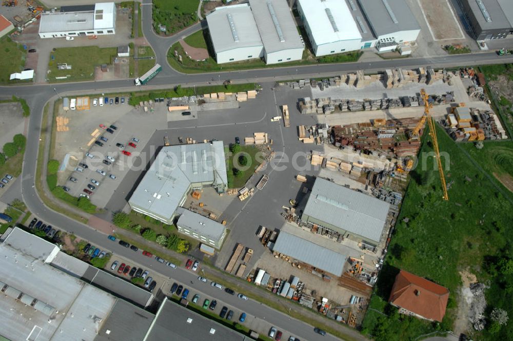 Aerial image Oebisfelde - Blick auf den Betriebshof der EUROVIA Beton GmbH am Gewerbegebiet West 7 in 39646 Oebisfelde in Sachsen-Anhalt. Die EUROVIA Infrastructure GmbH ist ein führendes Unternehmen im Verkehrswegebau. View of the depot, the concrete EUROVIA Infrastructure GmbH on industrial West 7 in 39646 Oebisfelde in Saxony-Anhalt. The EUROVIA Infrastructure GmbH is a leading company in road construction.