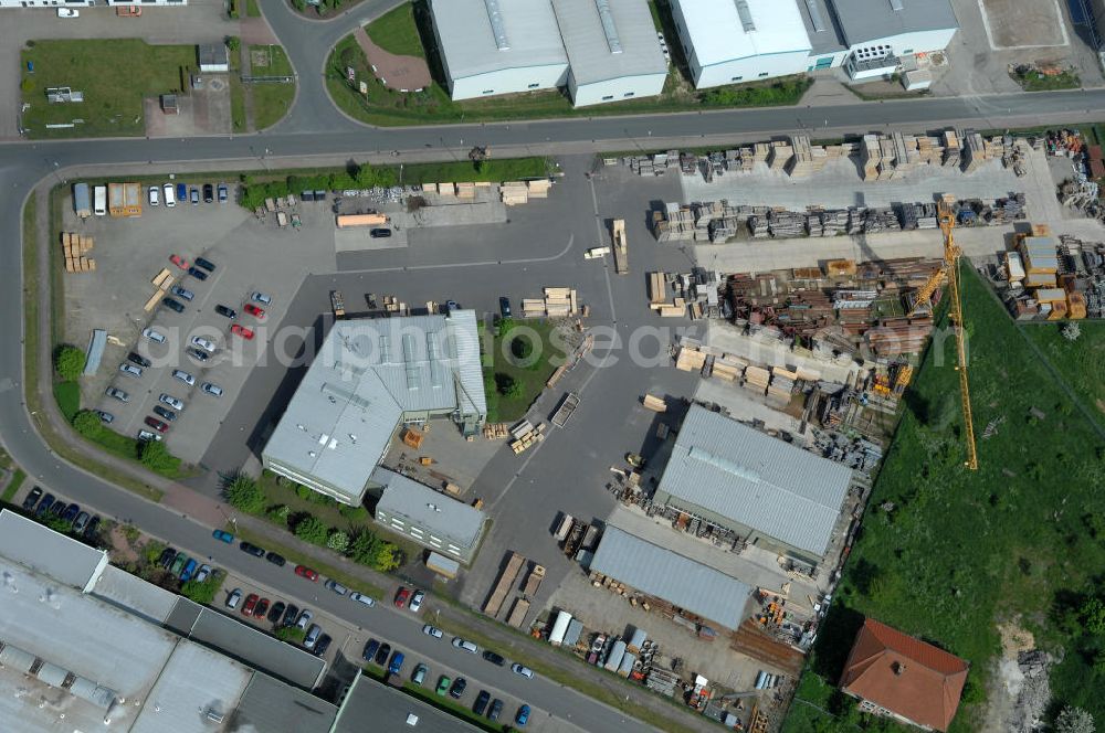 Aerial image Oebisfelde - Blick auf den Betriebshof der EUROVIA Beton GmbH am Gewerbegebiet West 7 in 39646 Oebisfelde in Sachsen-Anhalt. Die EUROVIA Infrastructure GmbH ist ein führendes Unternehmen im Verkehrswegebau. View of the depot, the concrete EUROVIA Infrastructure GmbH on industrial West 7 in 39646 Oebisfelde in Saxony-Anhalt. The EUROVIA Infrastructure GmbH is a leading company in road construction.