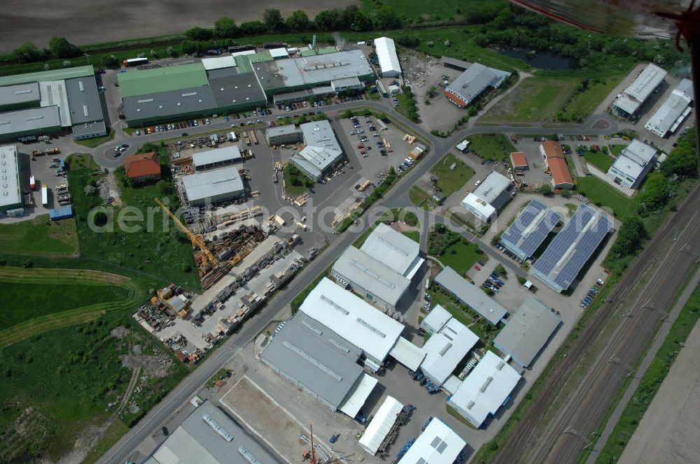 Oebisfelde from the bird's eye view: Blick auf den Betriebshof der EUROVIA Beton GmbH am Gewerbegebiet West 7 in 39646 Oebisfelde in Sachsen-Anhalt. Die EUROVIA Infrastructure GmbH ist ein führendes Unternehmen im Verkehrswegebau. View of the depot, the concrete EUROVIA Infrastructure GmbH on industrial West 7 in 39646 Oebisfelde in Saxony-Anhalt. The EUROVIA Infrastructure GmbH is a leading company in road construction.