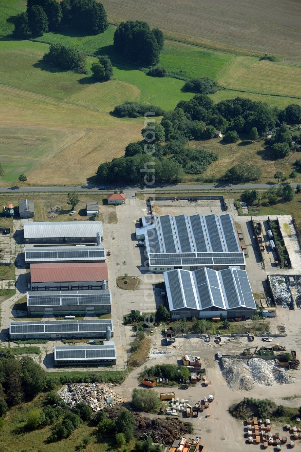 Altlandsberg from above - Site of the depot of the Family Lang in Altlandsberg in the state Brandenburg. They produce bales of straw or hey and different sorts of grains