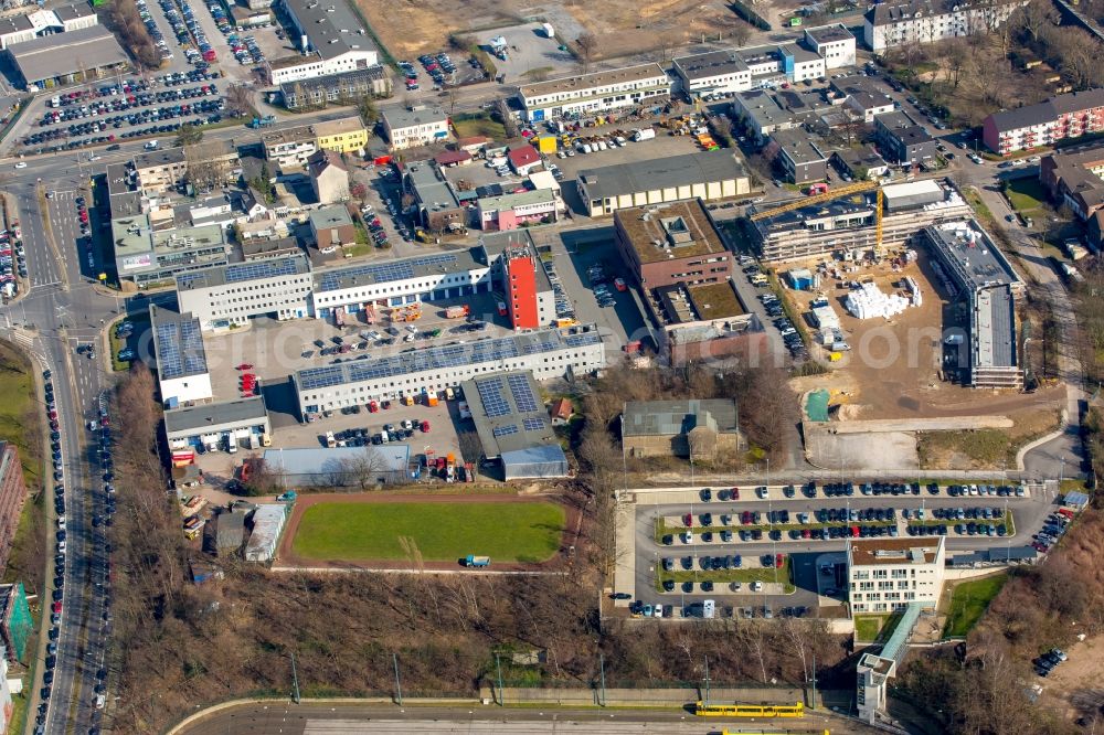 Aerial photograph Essen - Grounds of the fire depot and station with a construction site for an extension building on Barbarakirchgang in Essen in the state of North Rhine-Westphalia