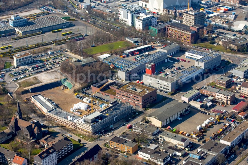 Essen from the bird's eye view: Grounds of the fire depot and station with a construction site for an extension building on Barbarakirchgang in Essen in the state of North Rhine-Westphalia