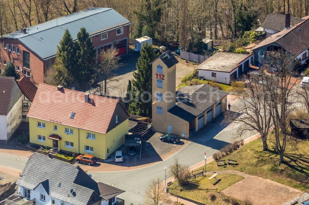 Aerial image Diemelstadt - Grounds of the fire depot on the street Flueburg in Diemelstadt in the state Hesse, Germany