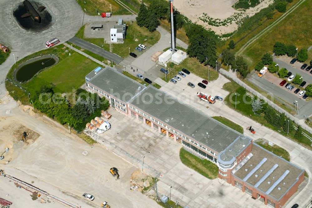 Schönefeld from above - Grounds of the fire depot on the former INTERFLUG - Terminal in Schoenefeld in the state Brandenburg, Germany