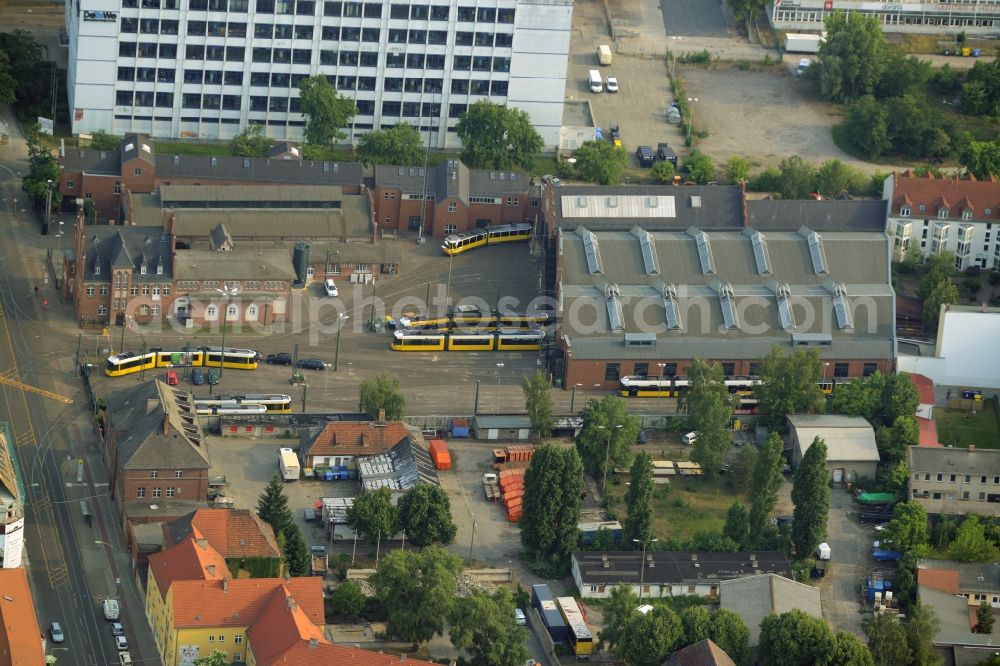 Berlin from the bird's eye view: Maintenance and storage facility on Wendenschlossstrasse in the Koepenick part of Berlin in Germany. The historic depot is a tram station which is run by the Berlin transportation company BVG and is used for the 60 lines of the Berlin trams